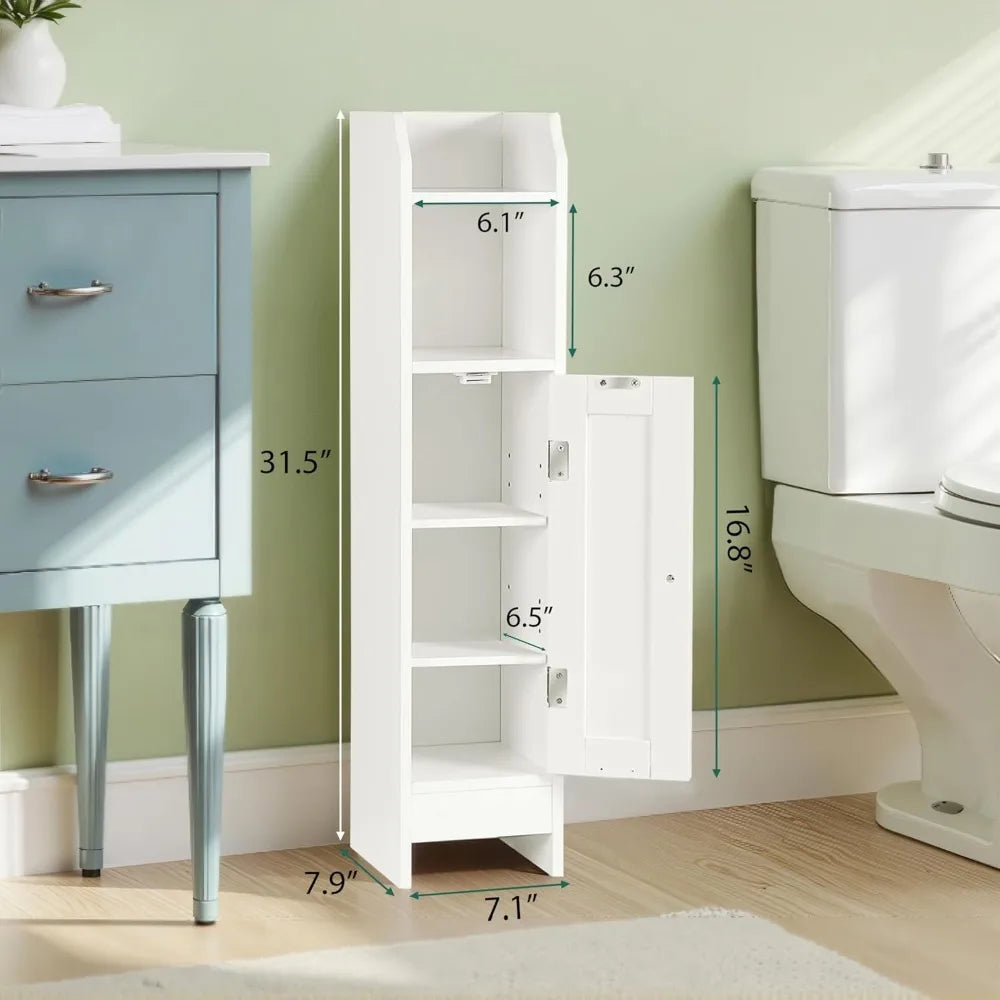 Slim Bathroom Storage Cabinet, Narrow Bathroom Cabinet with Door and Adjustable Shelves, Freestanding Toilet Paper Storage Cabin