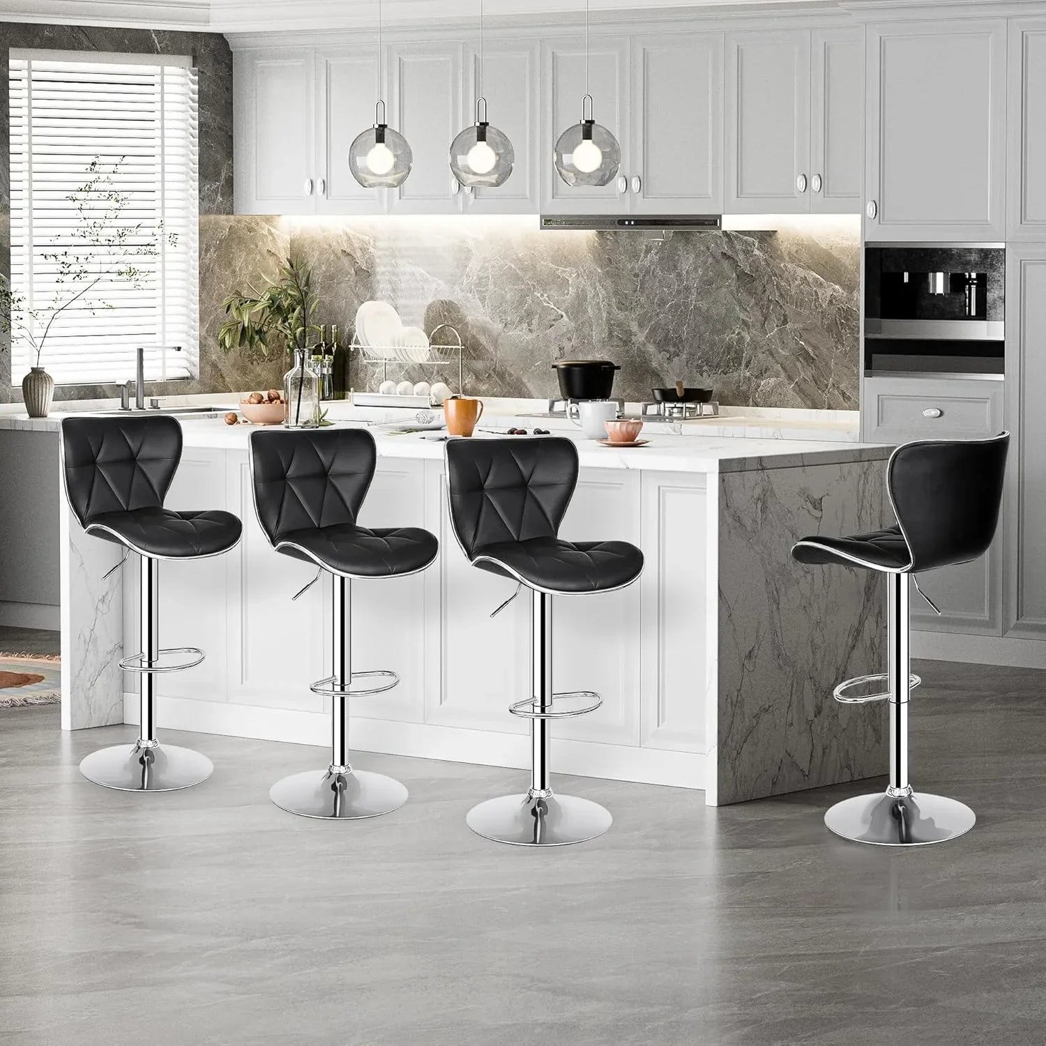 Adjustable Swivel Barstools Set of 2, Counter Height Bar Stools with Back, PU Leather Shell Back Tall Stools Set, Modern Ar