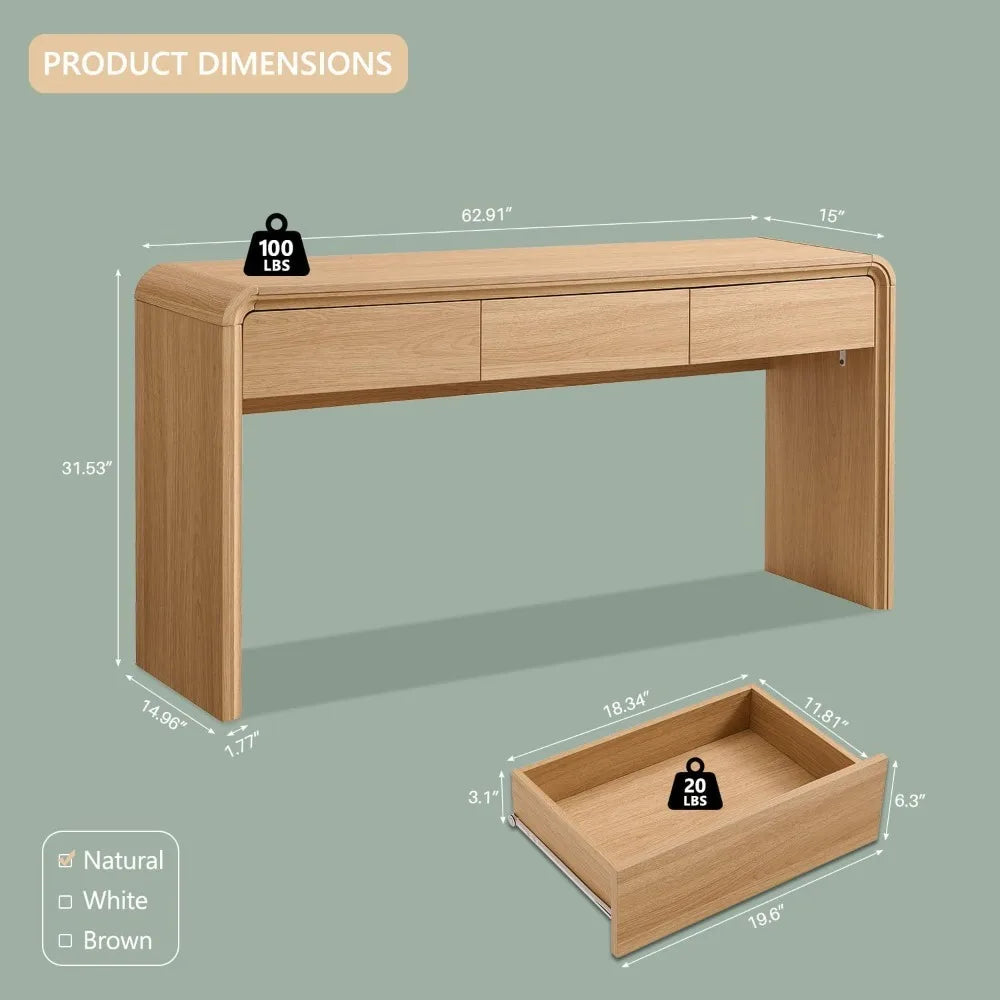 63'' Console Table with 3 Drawers, Modern Entryway Table with Curved Profile Design, Narrow Long Wood Sofa Table