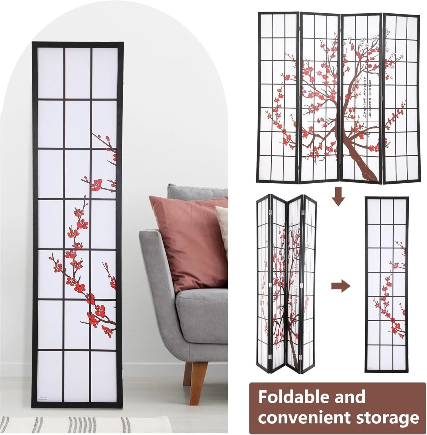 6ft Folding Privacy Divider 4 Panels Oriental Shoji Screen Wall Divider Wood Divider Portable Freestanding Partitio