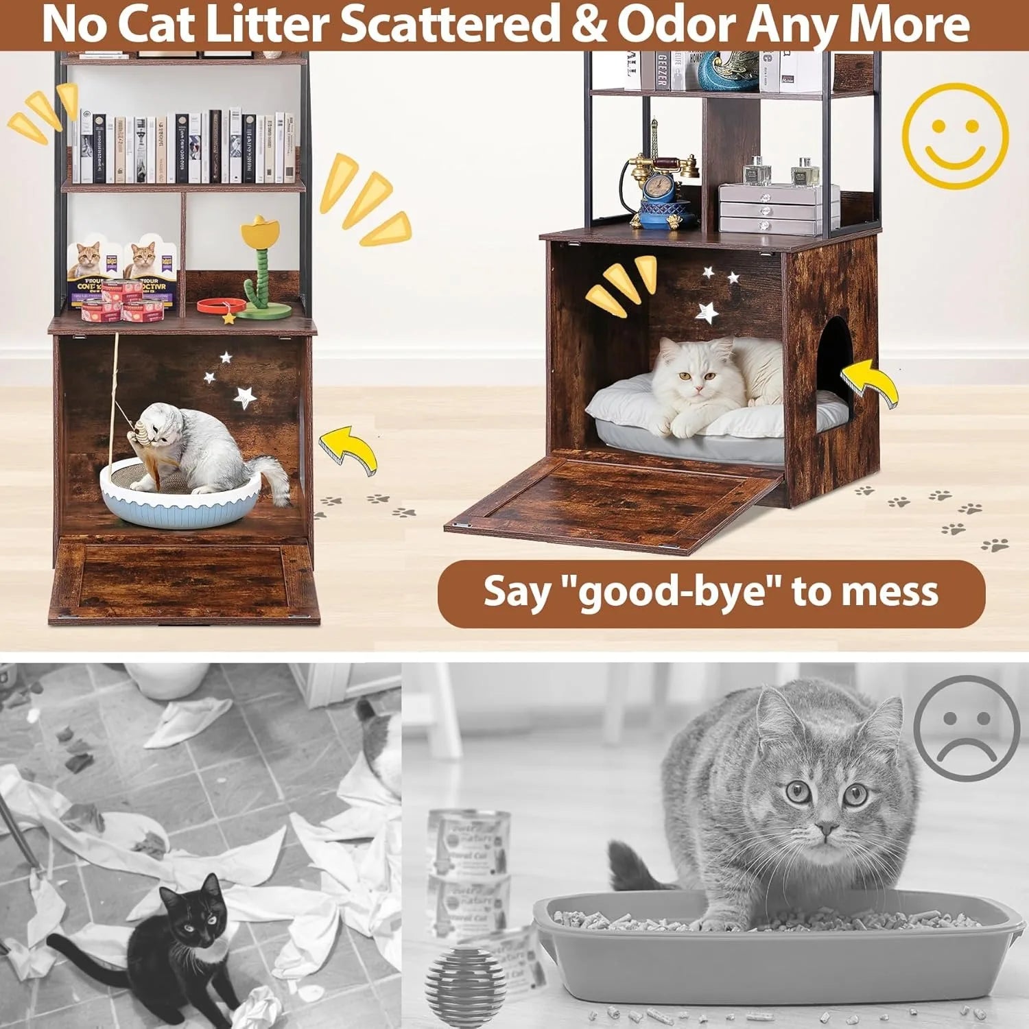 2-in-1 Cat Litter Box Enclosure with Storage Shelves, Hidden Cat Litter Box Enclosure Furniture with Entrance (Rustic Brown