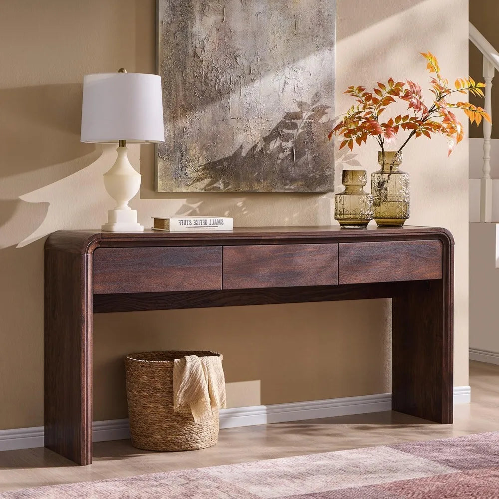 63'' Console Table with 3 Drawers, Modern Entryway Table with Curved Profile Design, Narrow Long Wood Sofa Table