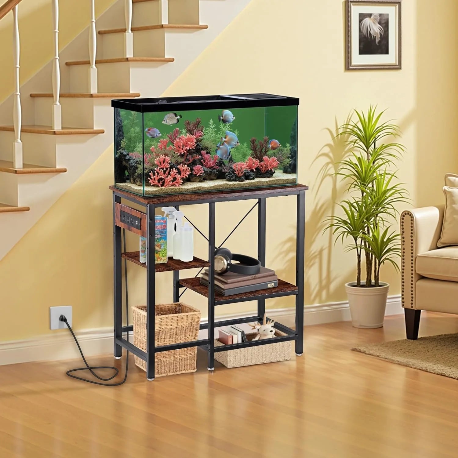 20-29-37 Gallon Fish Tank Stand with 3-Tier Adjustable Storage Shelves and Power Outlet, Reptile Tank Stand, 30.7" L*13.7"