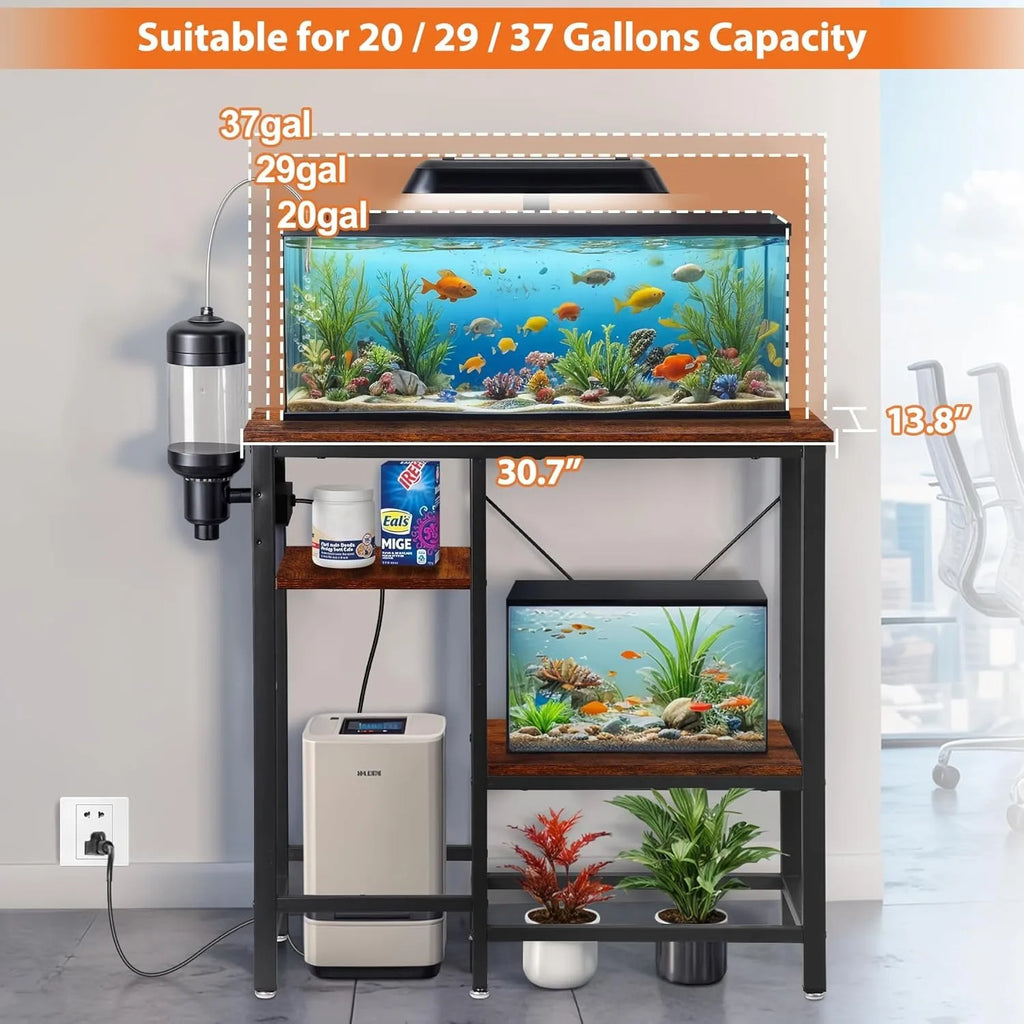 20-29-37 Gallon Fish Tank Stand with 3-Tier Adjustable Storage Shelves and Power Outlet, Reptile Tank Stand, 30.7" L*13.7"