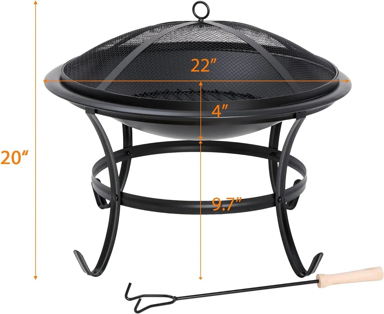 22Inches Fire Pit Outdoor Steel Wood Burning BBQ Grill Firepit Bowl Fireplace with Mesh Screen & Fire Poker, Log Grate