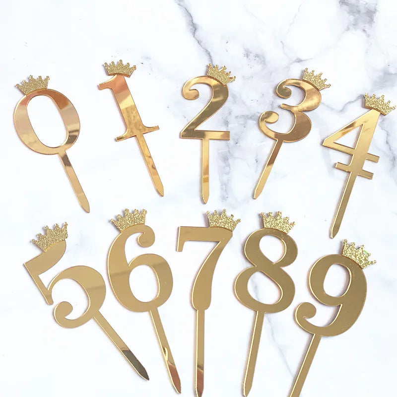 0-9 Crown Number Happy Birthday Cake Topper Gold Acrylic Wedding Party Cupcake Toppers for Baby Shower Gift Dessert Decoration