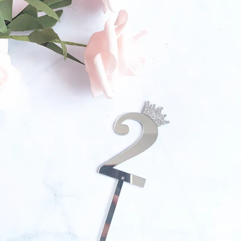 0-9 Crown Number Happy Birthday Cake Topper Gold Acrylic Wedding Party Cupcake Toppers for Baby Shower Gift Dessert Decoration