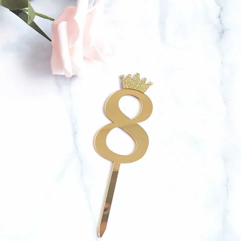 0-9 Crown Number Happy Birthday Cake Topper Gold Acrylic Wedding Party Cupcake Toppers for Baby Shower Gift Dessert Decoration