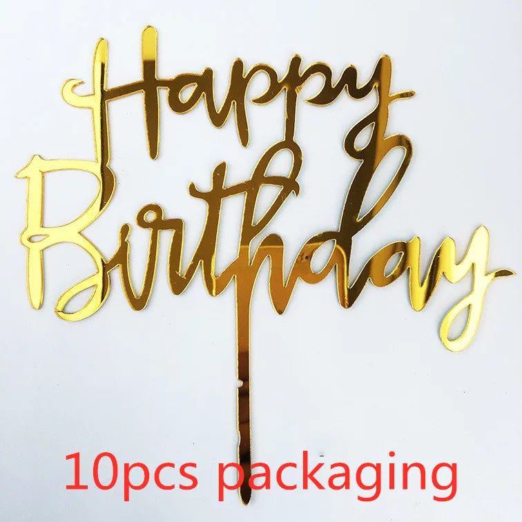 10 Pcs 1 Set Acrylic Happy Birthday Cake Topper Gold Silver Simple Design Kids Birthday Party Cake Toppers Dessert Decoration