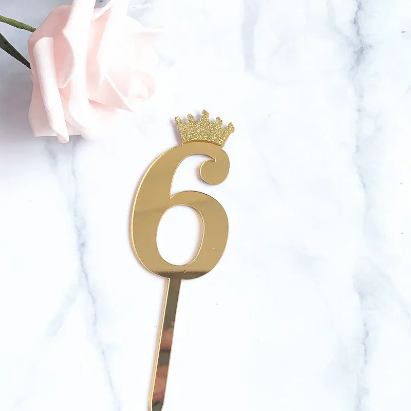 0-9 Crown Number Happy Birthday Cake Topper Gold Acrylic Wedding Party Cupcake Toppers for Baby Shower Gift Dessert Decoration
