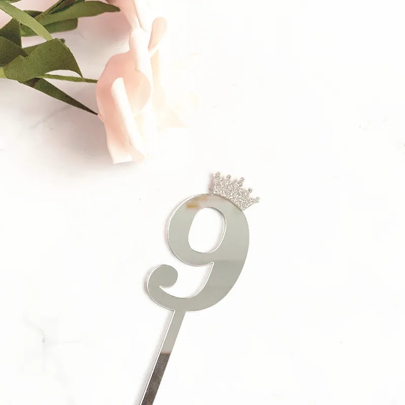 0-9 Crown Number Happy Birthday Cake Topper Gold Acrylic Wedding Party Cupcake Toppers for Baby Shower Gift Dessert Decoration