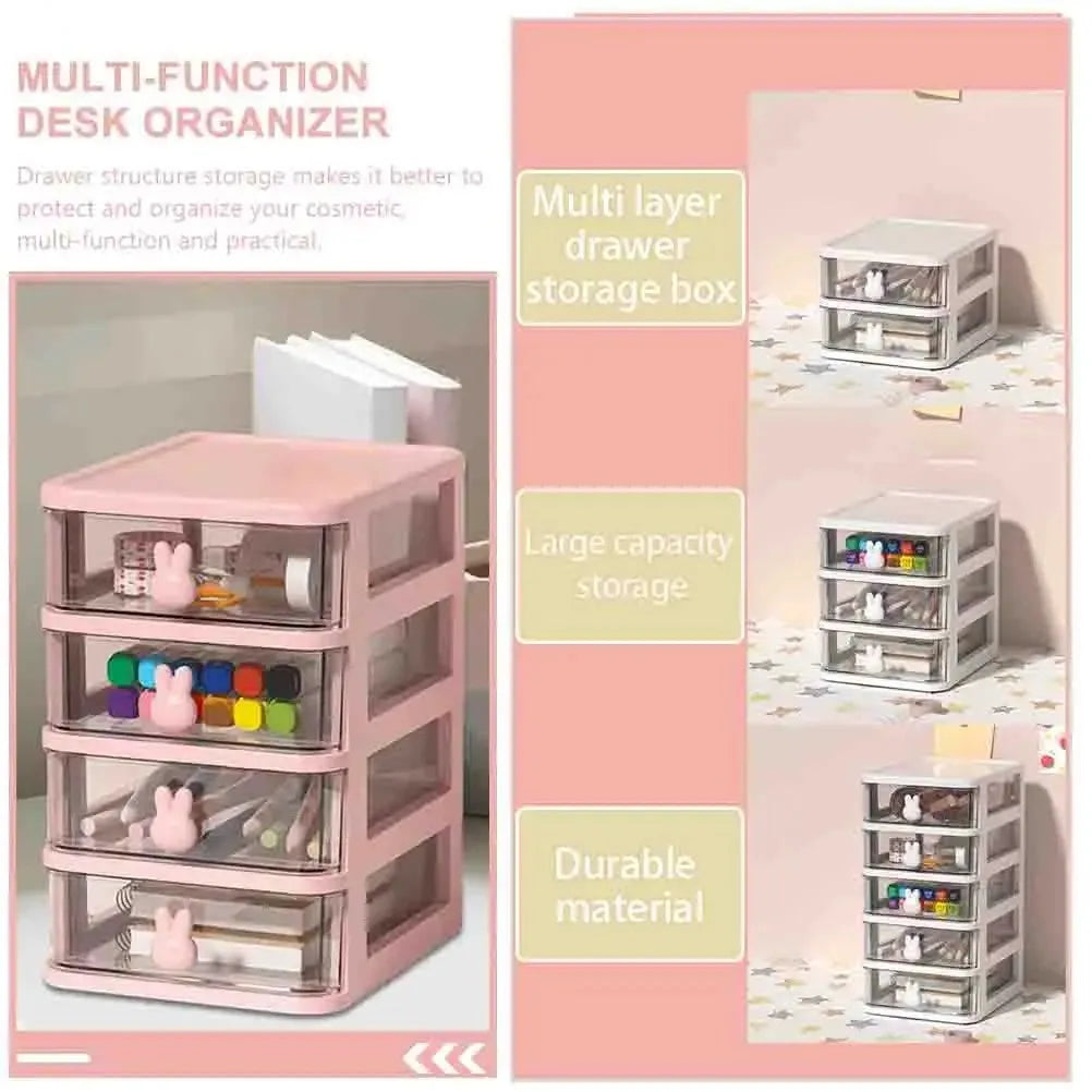 2-5 Layers Clear Stacking Drawer Organizer Multi-Tier PP Storage Box Cartoon for Office/Beauty Products, Modular Desktop System
