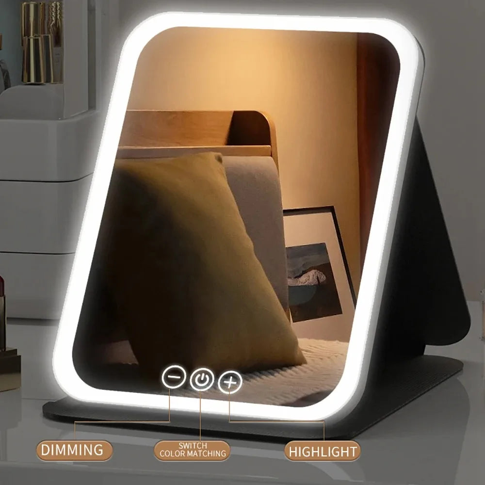 3 Colors Makeup Mirror LED Vanity Mirror with Touch Screen USB Rechargeable Dimming 3 Brightness Portable Fold Mirror Tabletop