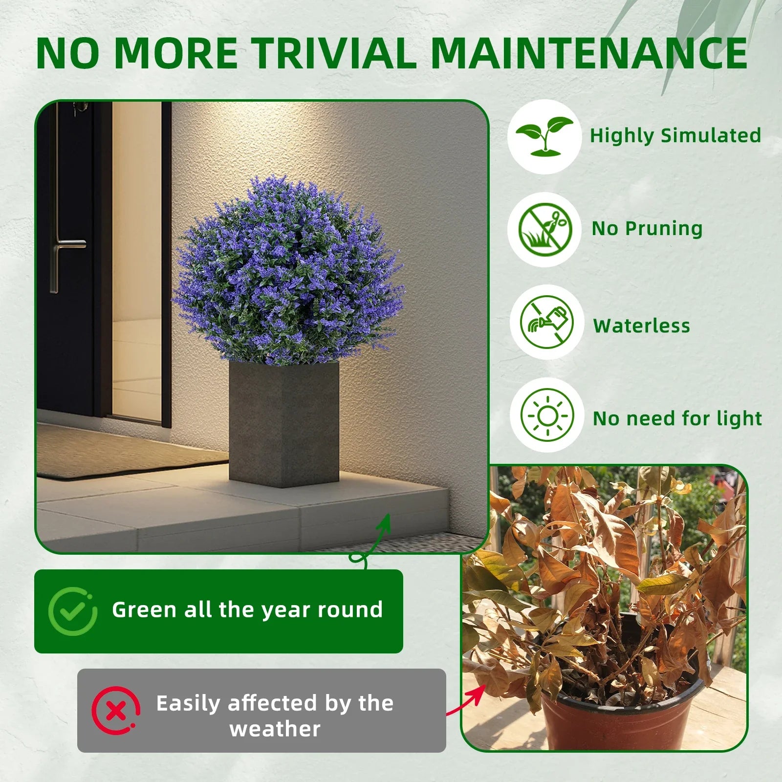 2PCS Artificial Bushes Oak Violet Ball Topiary with Peak Soil UV Resistant Ornamental Plants for Garden Terrace Balcony Decor