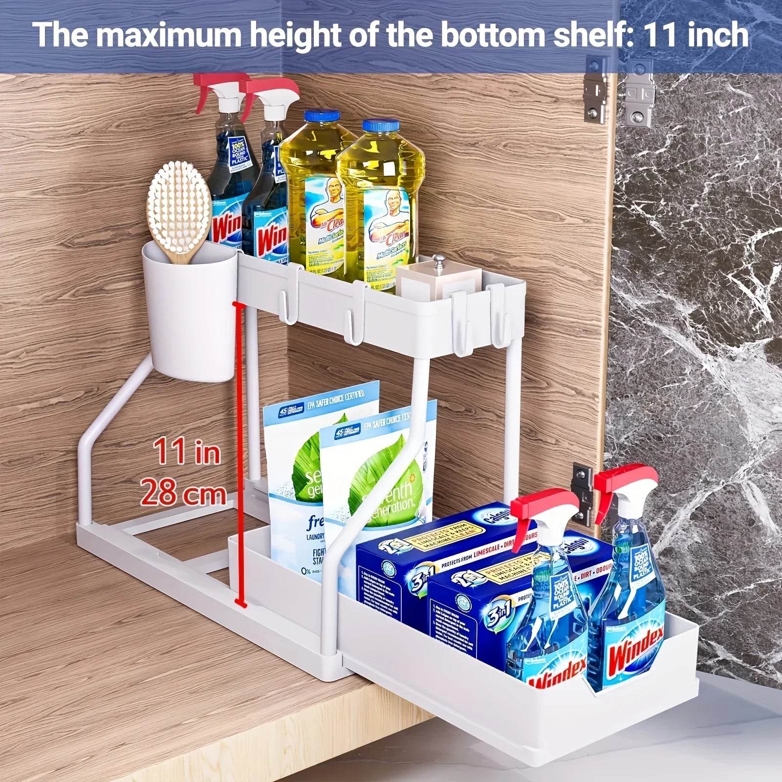 2 Tier Pull Out Storage Space Saving Box R-shaped Simple Durable Large Capacity Kitchen Bathroom Essential Drawer Organizer