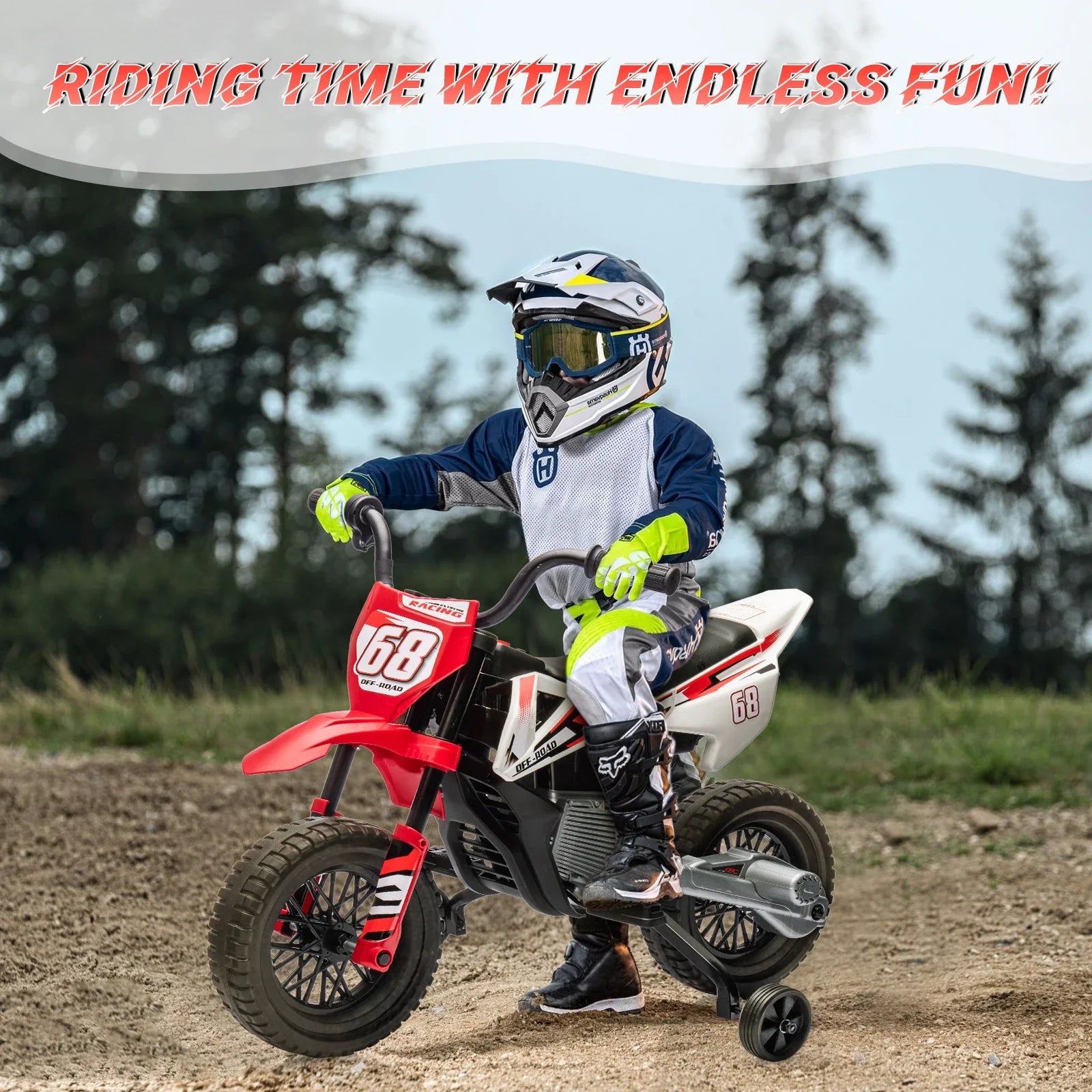 12V Electric Dirt Bike Kids Ride on Motorcycle for Toddlers with Traning Wheels Twist Grip Throttle 3Mph Max Speed and Music