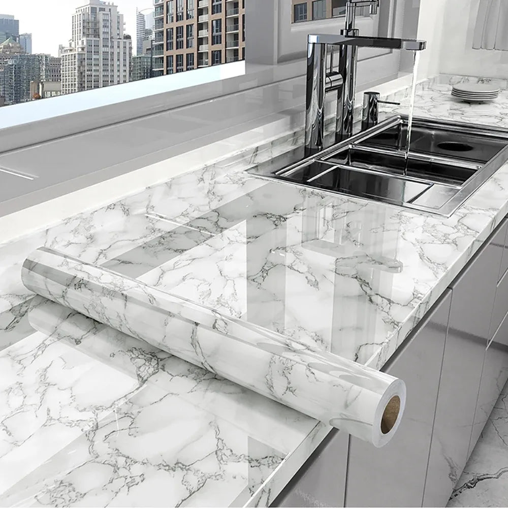 40cm Marble Self-adhesive Wallpaper Kitchen Cabinet Stove Countertop Contact paper PVC Waterproof Renovation Tile Wall Stickers