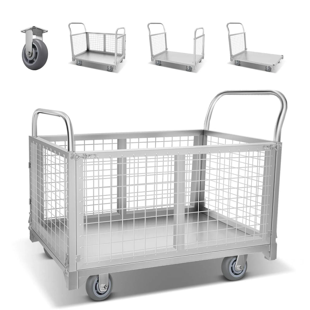 2200LBS Platform Truck Cart with Cage 4 in 1 Wire Mesh Cage Cart Basket Cart