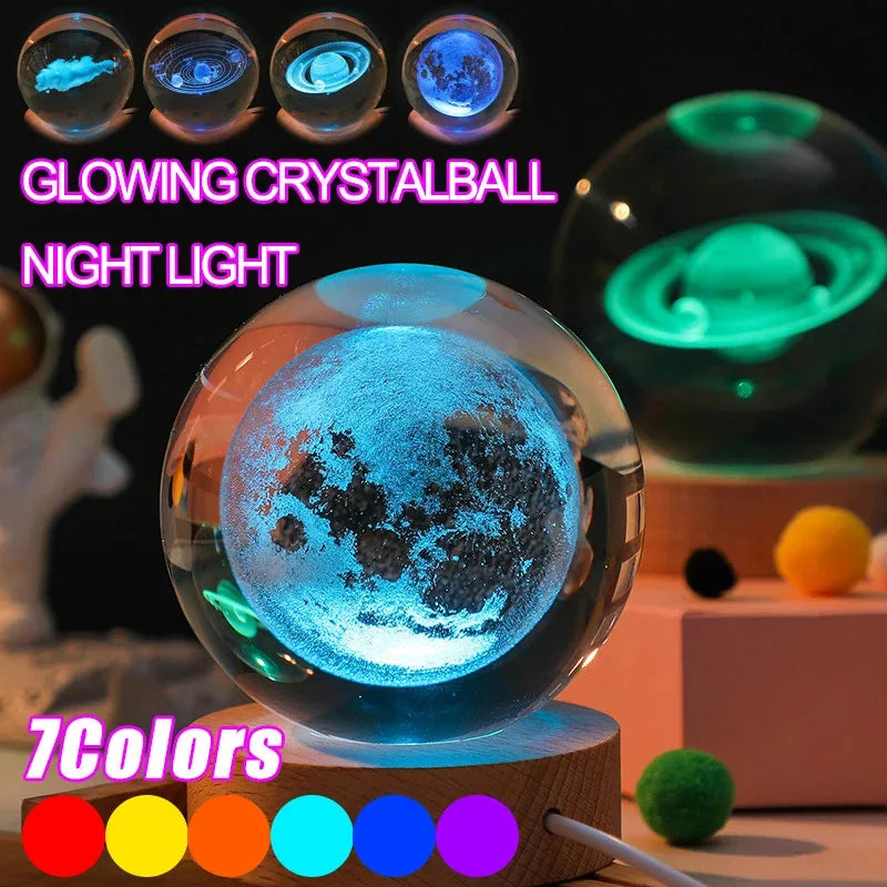 3D Crystal Lights Lamp RGB Glowing Planetary Galaxy Night Light Crystal Ball Night Lights Bedside Home Decor Christmas Gift