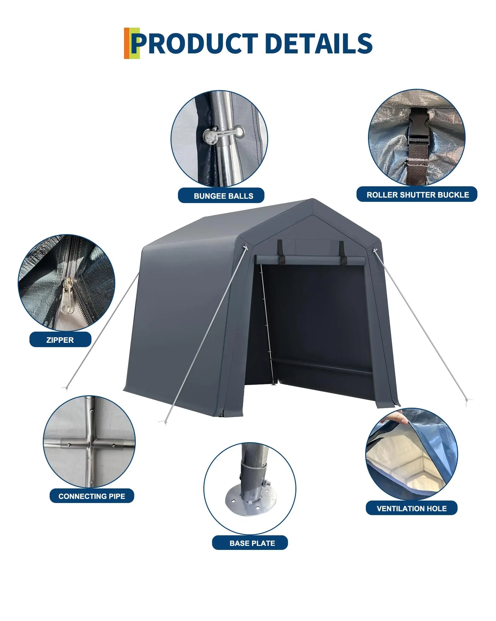 6x8 FT Heavy Duty Outdoor Storage Shed Portable Steel Frame Shelter With Waterproof PE Tarp Cover Dual Zipper Doors & Mesh Vents