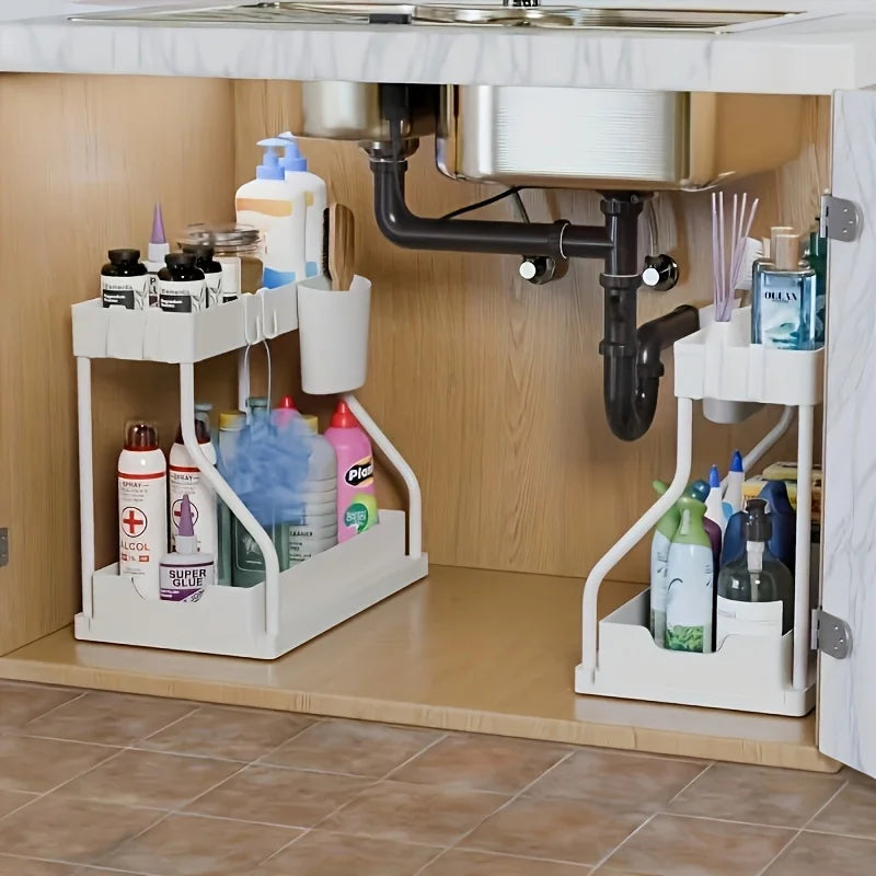 2 Tier Pull Out Storage Space Saving Box R-shaped Simple Durable Large Capacity Kitchen Bathroom Essential Drawer Organizer