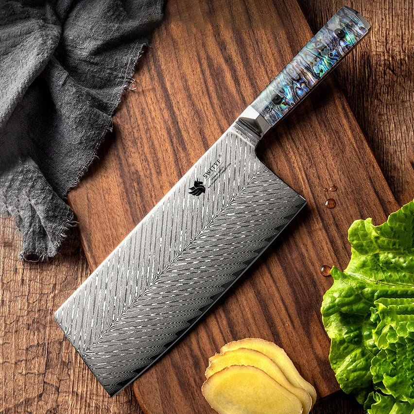 7.3 Inch Slicing Knife 73-layers Damascus AUS-10 Steel Blade Sharp Chef Cleaver Kitchen Knives Hexagonal Abalone Shell Handle