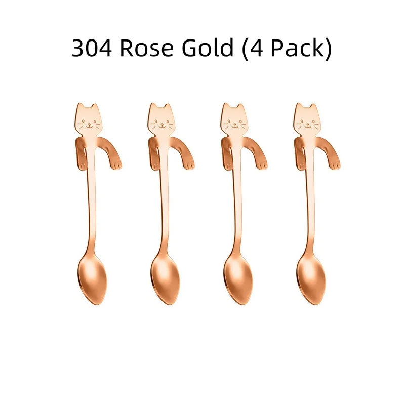 2/4PCS Set 304 Stainless Steel Cat Spoon Creative Cartoon Hanging Edge Spoon Cute Coffee Spoon Gold-plated Stirring Spoon