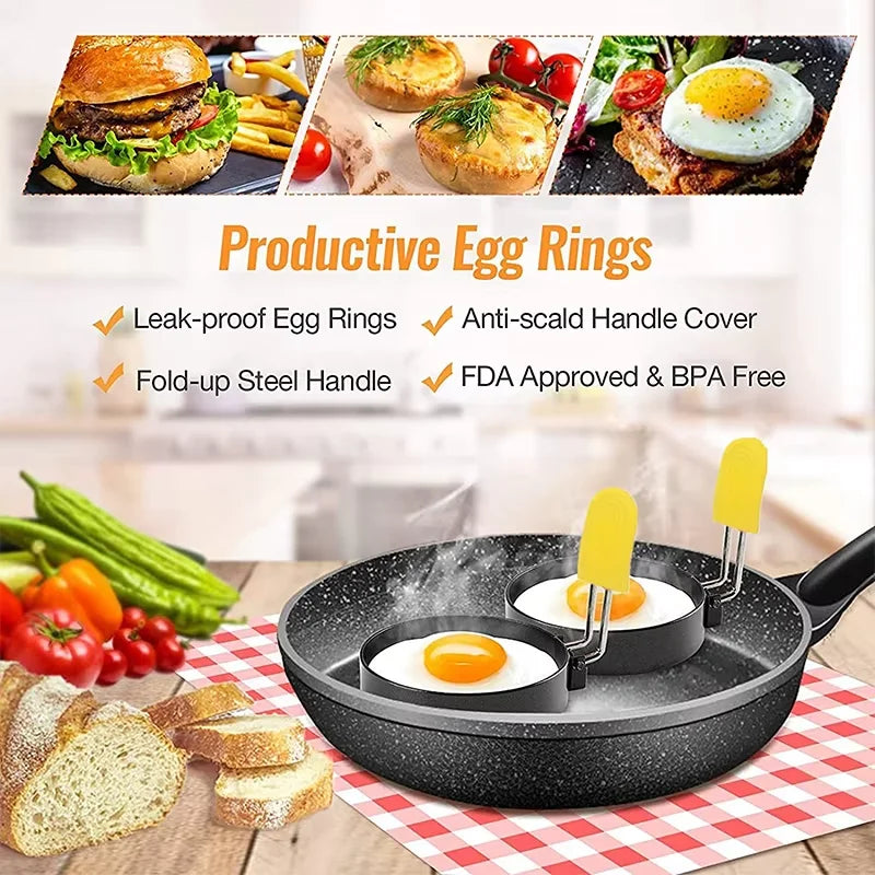 Round Egg Rings Set Stainless Steel Egg Shaper Mold with Silicone Anti-scald Handle Nonstick Egg Cooker Ring for Frying Eggs