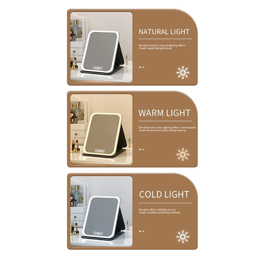 3 Colors Makeup Mirror LED Vanity Mirror with Touch Screen USB Rechargeable Dimming 3 Brightness Portable Fold Mirror Tabletop
