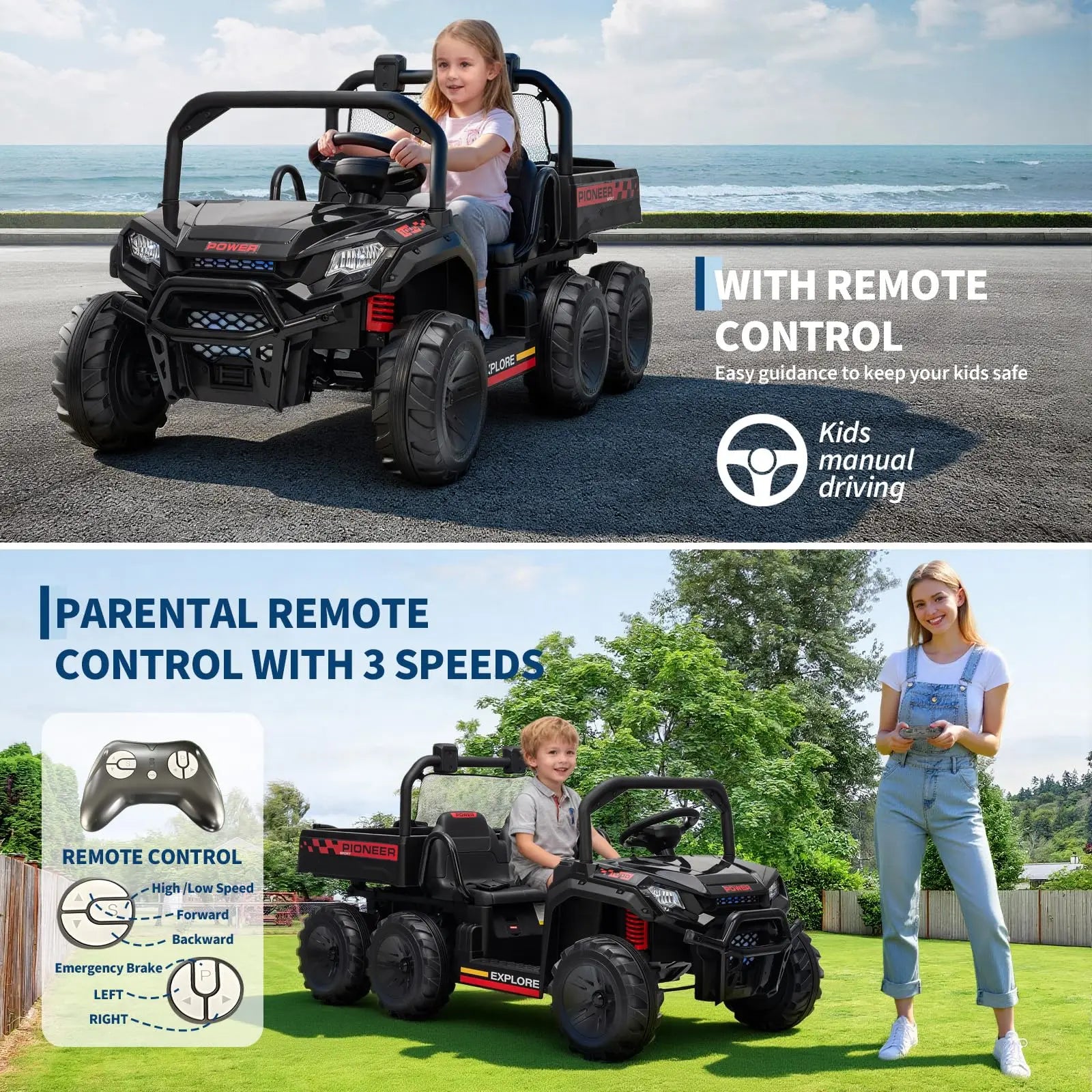 24V 4WD Electric Ride-on Dump Truck For Kids 2-Seater With Parental Remote Control 3 Speeds All-Terrain Off-Road Toy Car