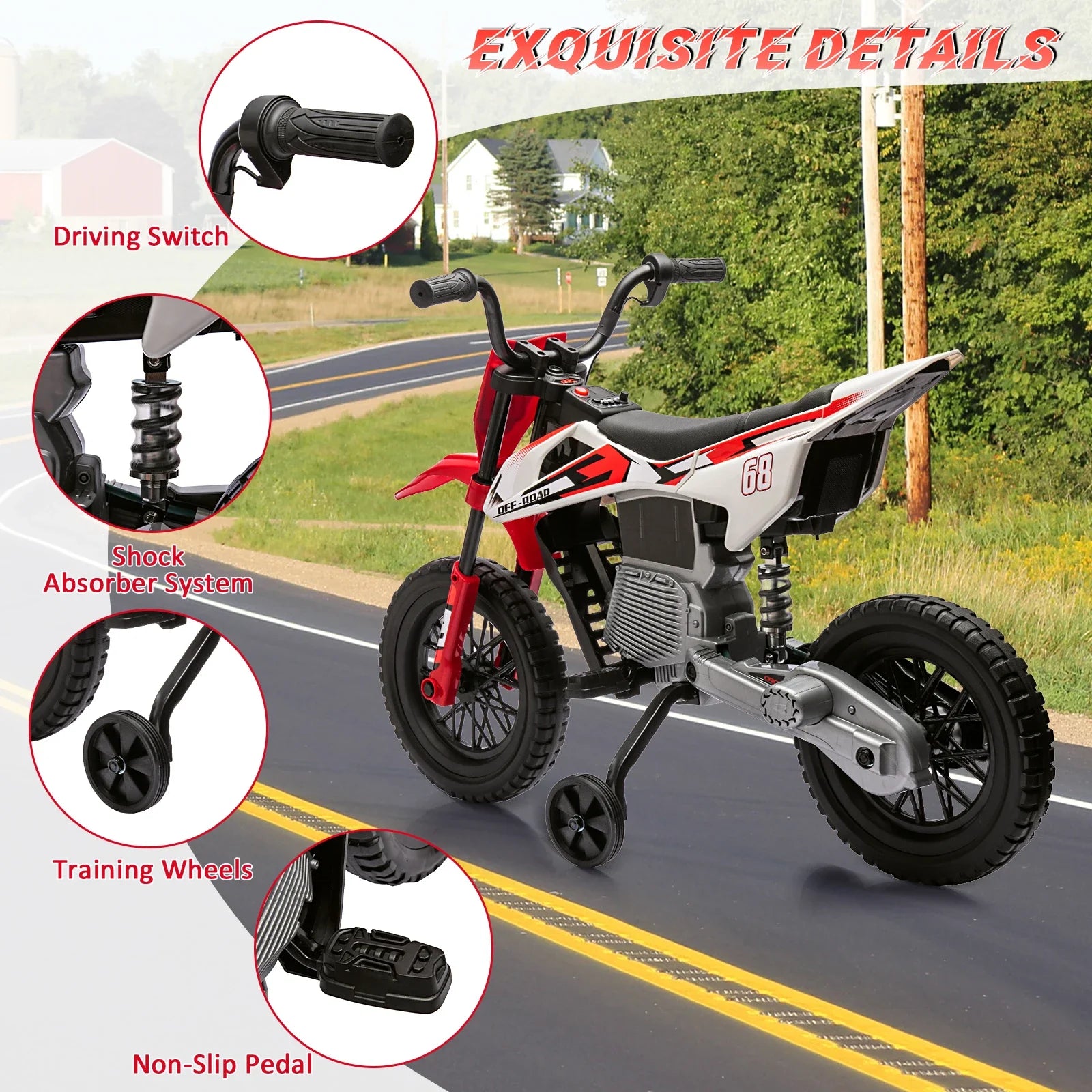 12V Electric Dirt Bike Kids Ride on Motorcycle for Toddlers with Traning Wheels Twist Grip Throttle 3Mph Max Speed and Music