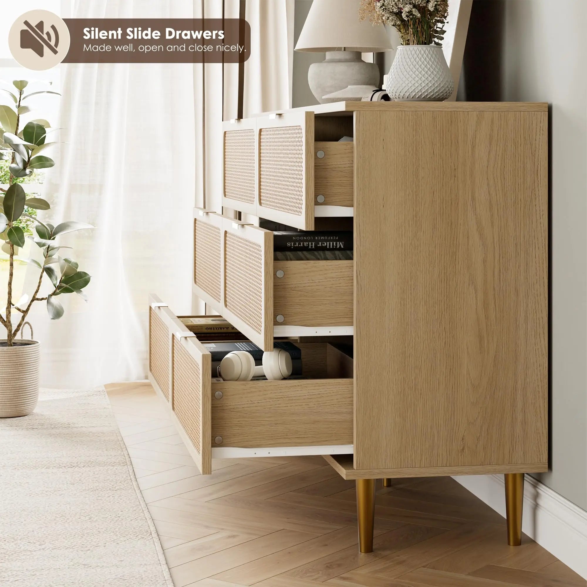 6-Drawer Rattan Dresser, Natural Hand-Woven Rattan & Wood Large Storage Dresser With Deep Drawers For Bedroom Living Room
