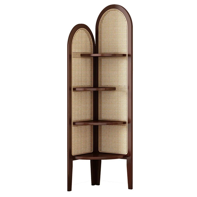Retro bookshelf triangular corner cabinet rattan weaving living room screen partition study storage bedroom corner cabinet