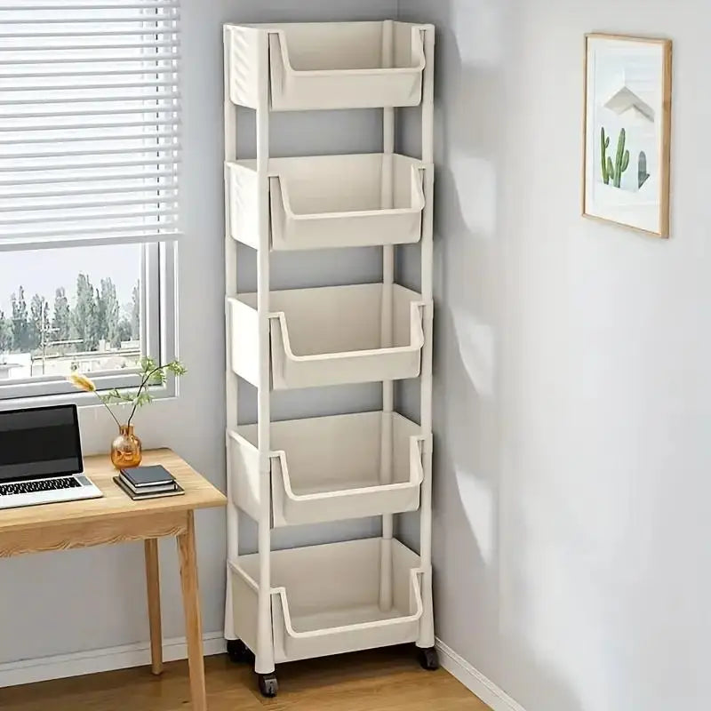 5-tier Storage Rack Storage Cart Bookshelf - Mobile Storage Rack with Wheels for Living Room Bedroom Dormitory Book Storage Rack