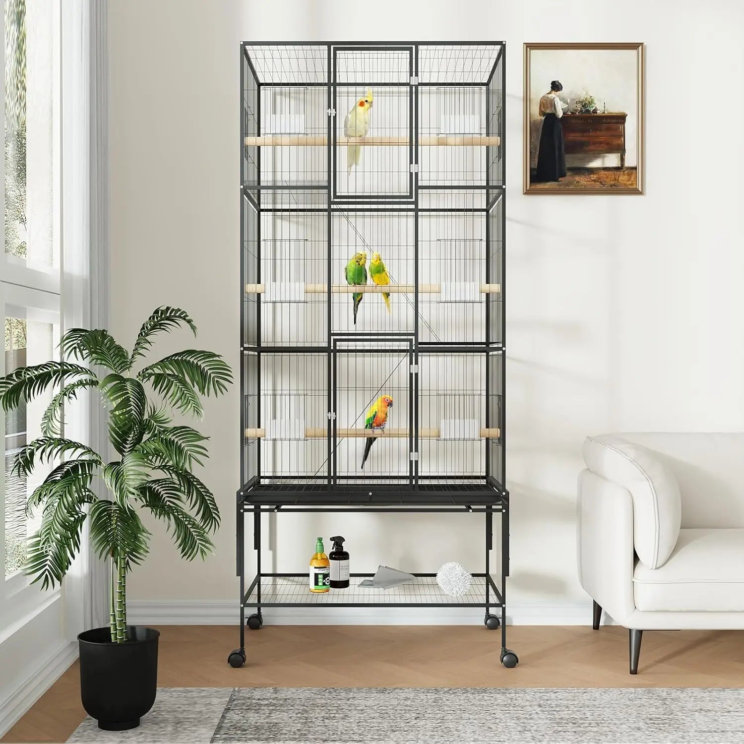 69-Inch Extra Large Rolling Bird Cage for Parrots and Cockatiels Flight Cage with Storage Shelf,Feed Bowls & Wood Perches