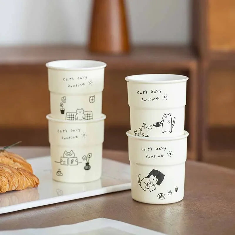 225ml Cat Pattern Coffee Mug Simple Kitten Life Illustration Water Cup Breakfast Milk Cup Home Office Afternoon Tea Cup Gift Mug
