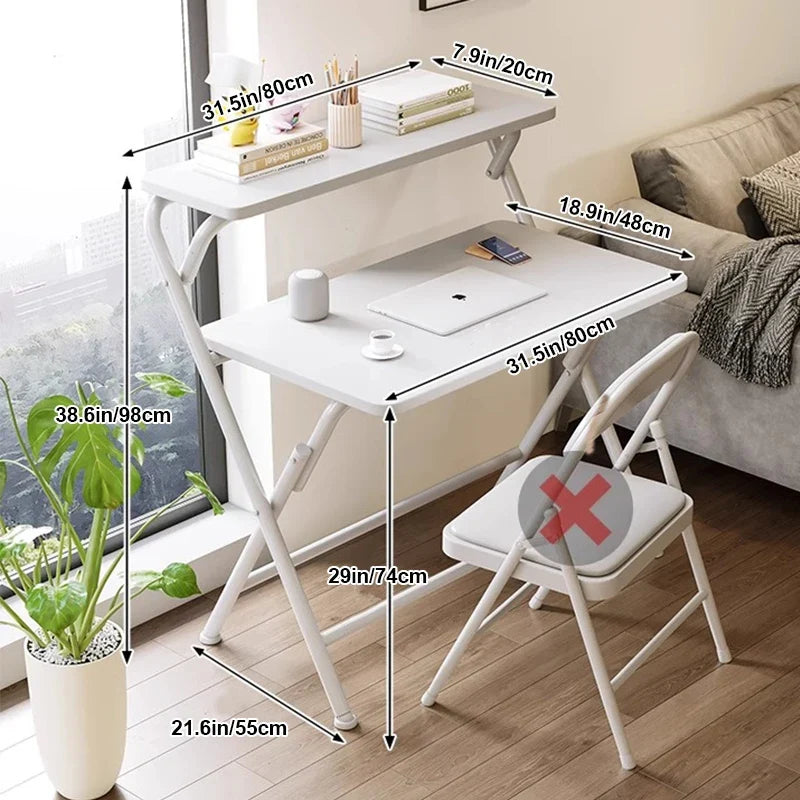 Double Folding Table Layered Shelving Space Saving Folding Computer Table Use for Writing Studying Gaming and Office