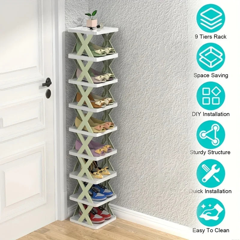 9-Tier Vertical Shoe Rack - Space-saving Tall & Narrow Design for Entranceways, Easy to Assemble Home Organization Storage