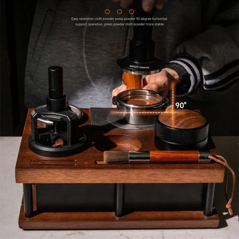 51-58mm Wooden Coffee Tamper Station Stand with Knock Box Coffee Organizer Box for Portafilter Tamper Distributor &Puck Screen
