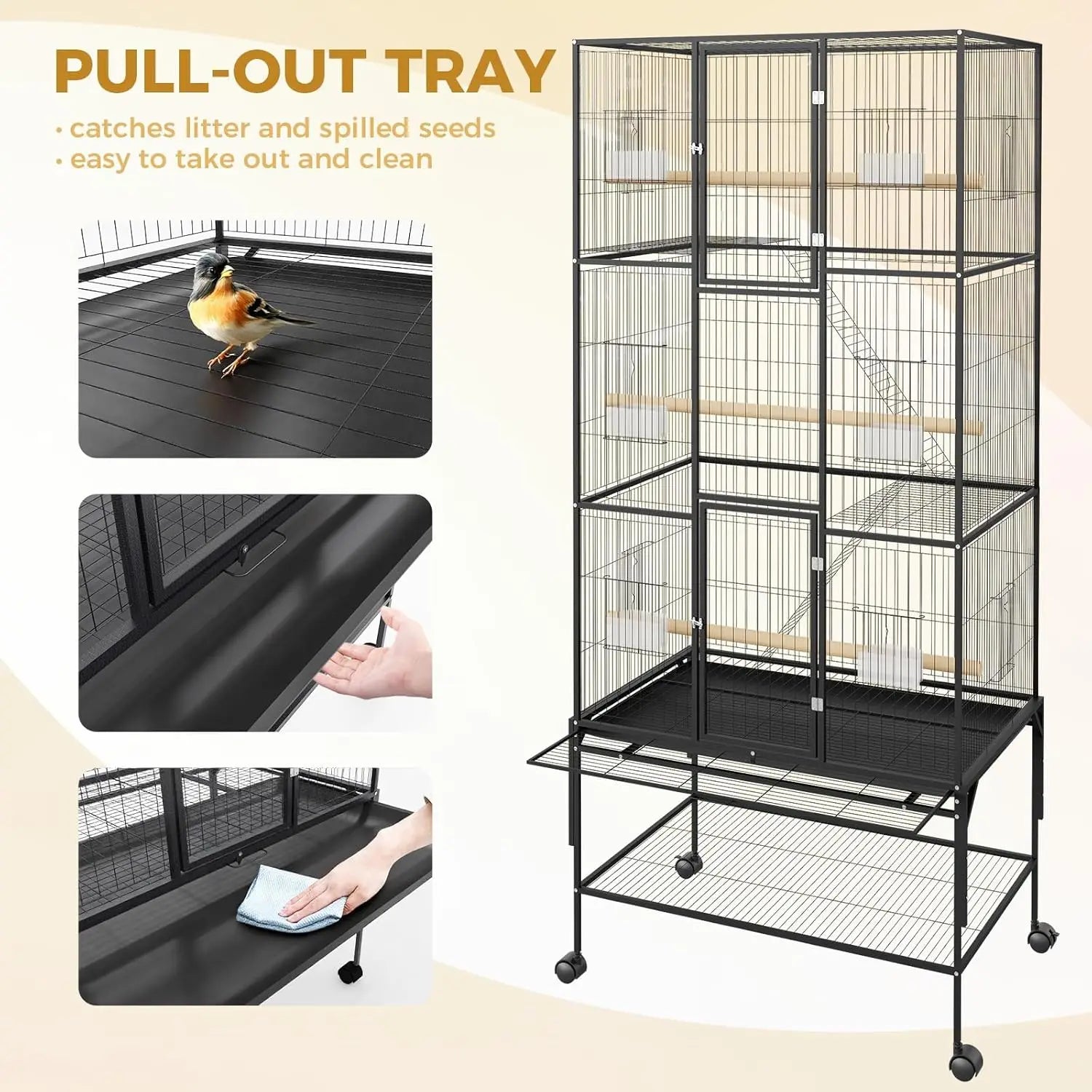 69-Inch Extra Large Rolling Bird Cage for Parrots and Cockatiels Flight Cage with Storage Shelf,Feed Bowls & Wood Perches