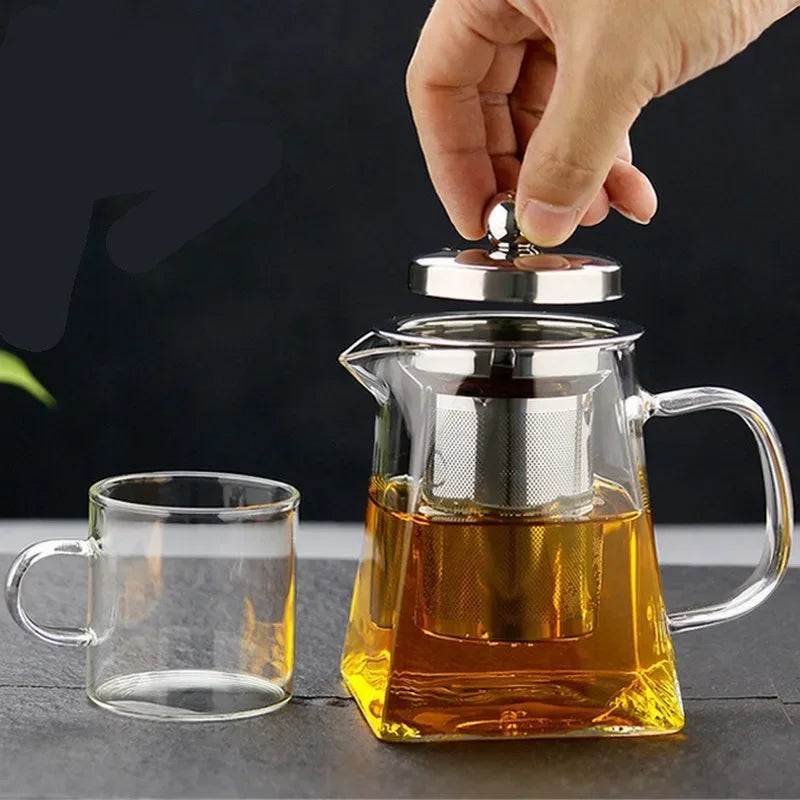 350/550/750ML Glass Teapot with Strainer Transparent Four Sided Fair Cup Glass Teapot Office Household Summer Winter Drinkware