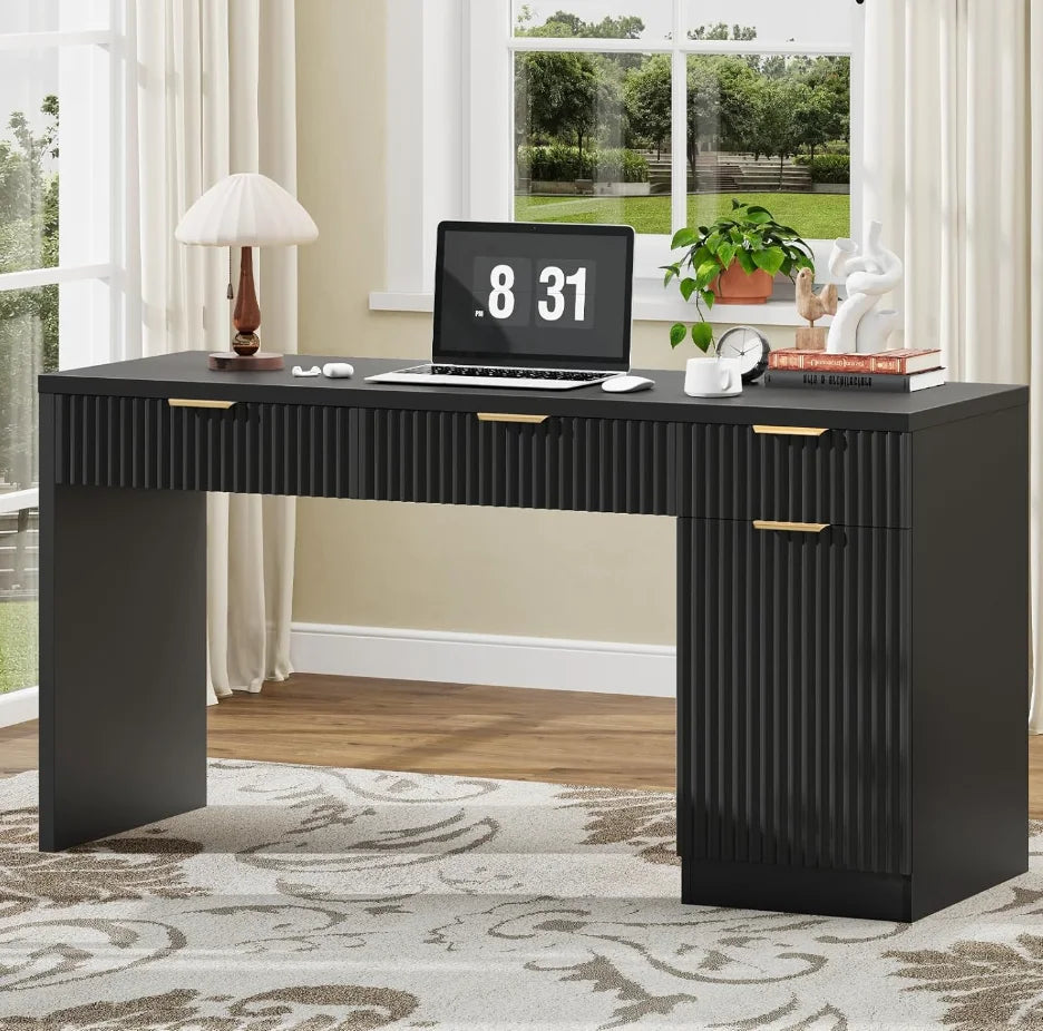 60" Executive Desk with Fluted Drawers,Wood Home Office Desk with Storage Cabinet, Charging Station,Fluted Computer Writing Desk