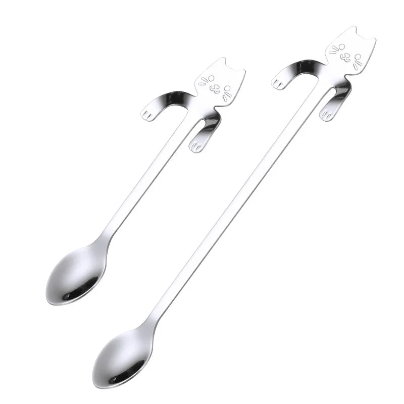 2/4PCS Set 304 Stainless Steel Cat Spoon Creative Cartoon Hanging Edge Spoon Cute Coffee Spoon Gold-plated Stirring Spoon