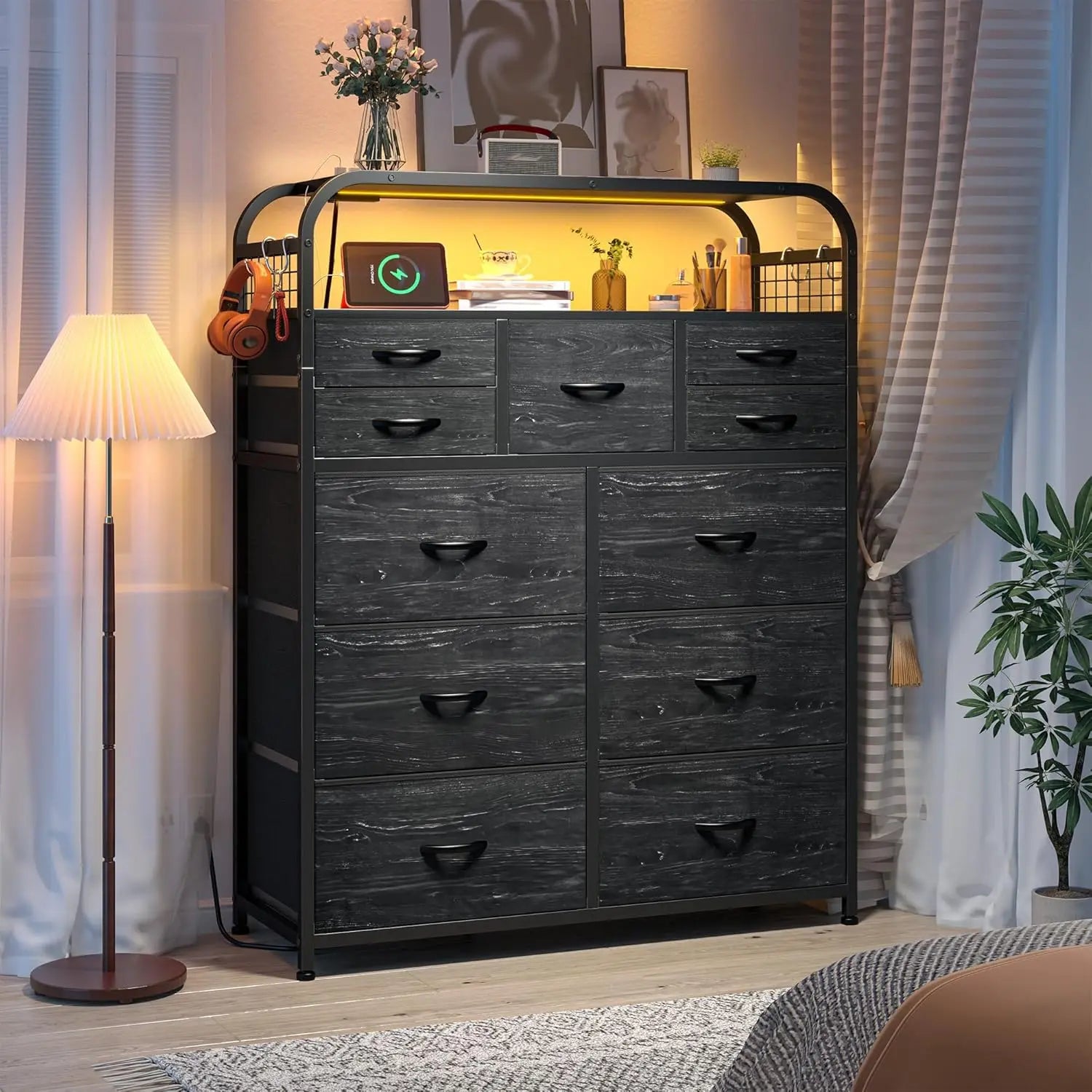 47" H Dressers & Chests of Drawers with LED Lights & Charging Station, Dresser for Bedroom with 11 Fabric Drawers & 4 Hooks