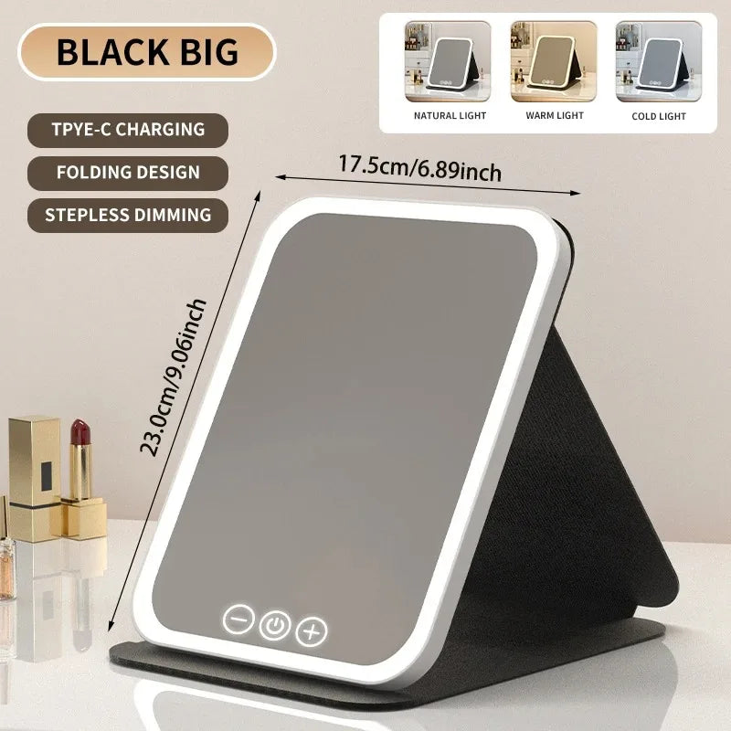 3 Colors Makeup Mirror LED Vanity Mirror with Touch Screen USB Rechargeable Dimming 3 Brightness Portable Fold Mirror Tabletop