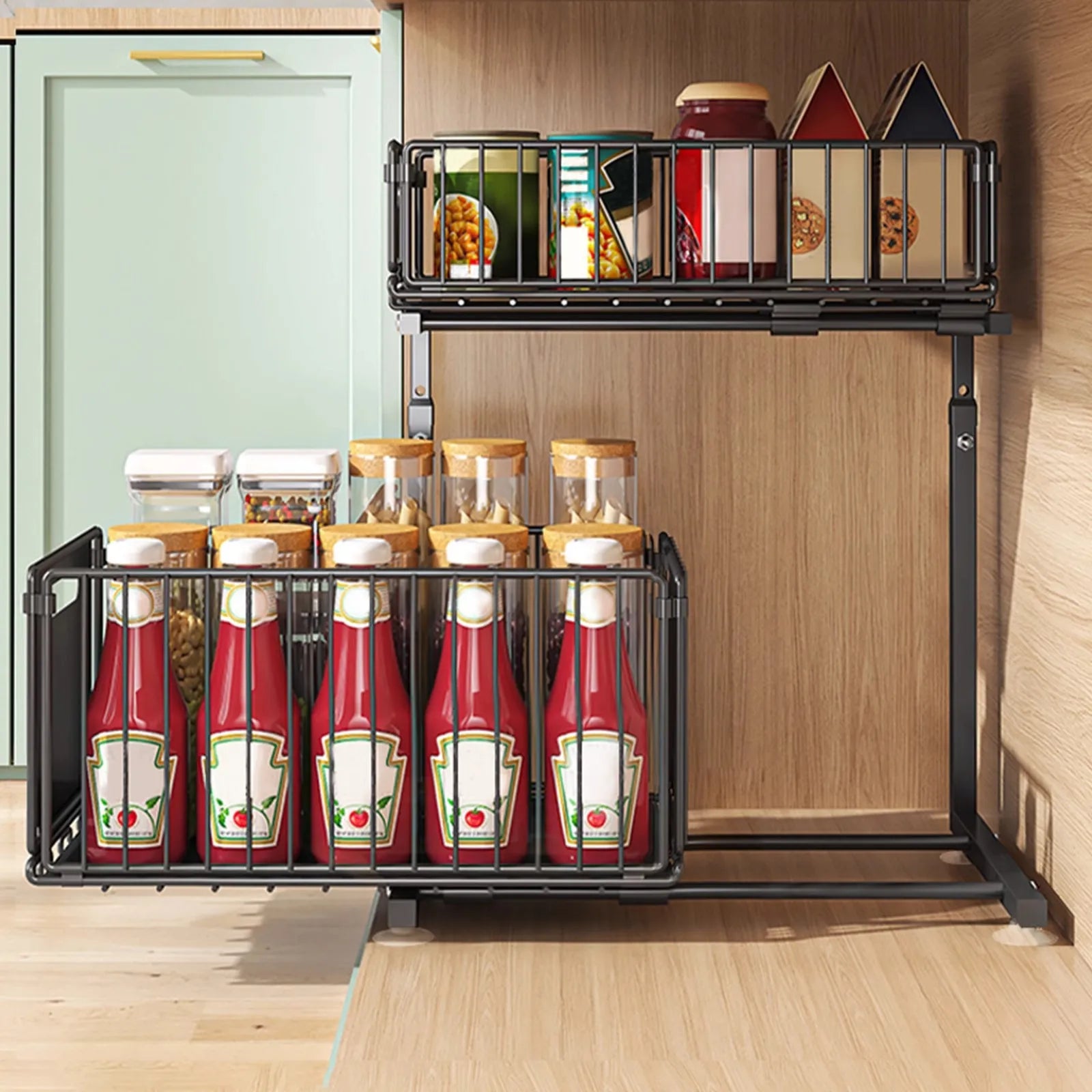 2-Tier Height Adjustable Under basin Organizer with Sliding Mesh Drawers Metal Pull Out Rack Shelf for Kitchen, Bathroom, Pantry