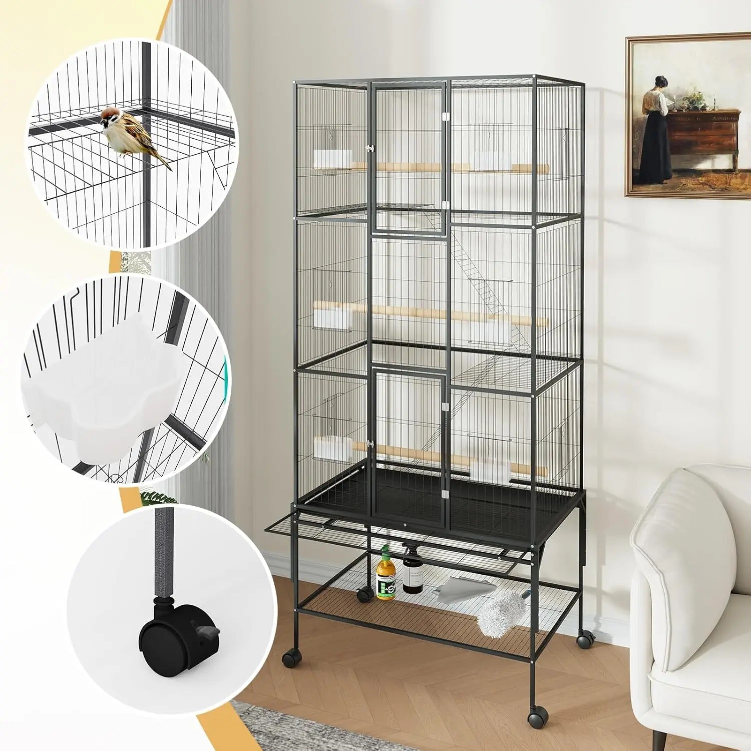 69-Inch Extra Large Rolling Bird Cage for Parrots and Cockatiels Flight Cage with Storage Shelf,Feed Bowls & Wood Perches