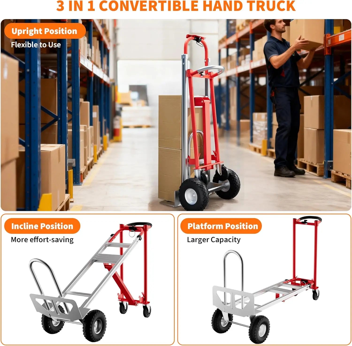 3-in-1 Convertible Hand Truck Dolly, 770lbs Folding Aluminum Cart with Wheels & Elastic Straps for Home, Warehouse, Supermarket