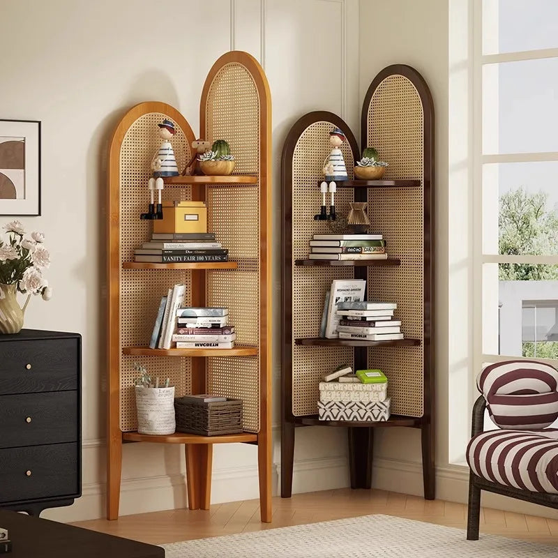 Retro bookshelf triangular corner cabinet rattan weaving living room screen partition study storage bedroom corner cabinet