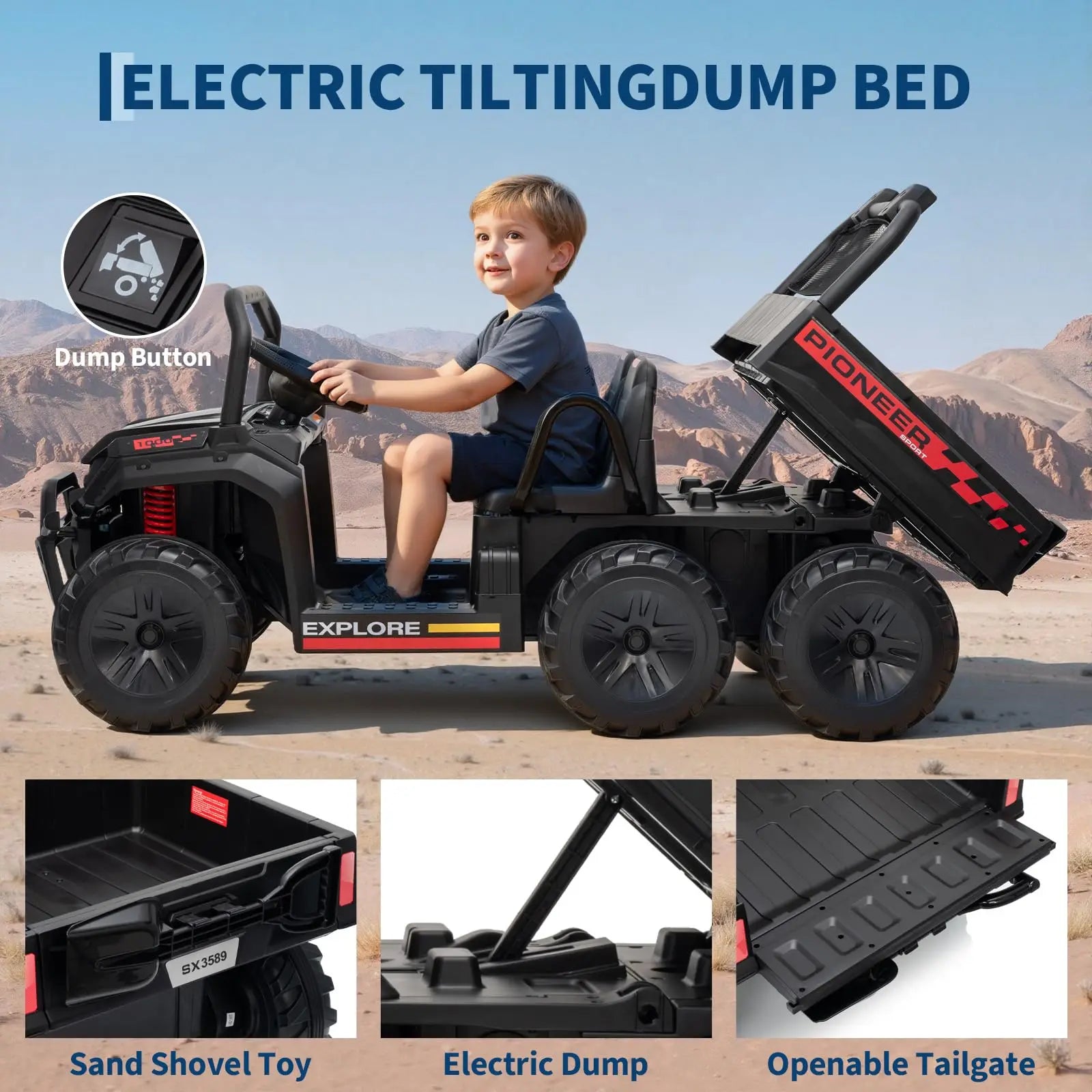 24V 4WD Electric Ride-on Dump Truck For Kids 2-Seater With Parental Remote Control 3 Speeds All-Terrain Off-Road Toy Car